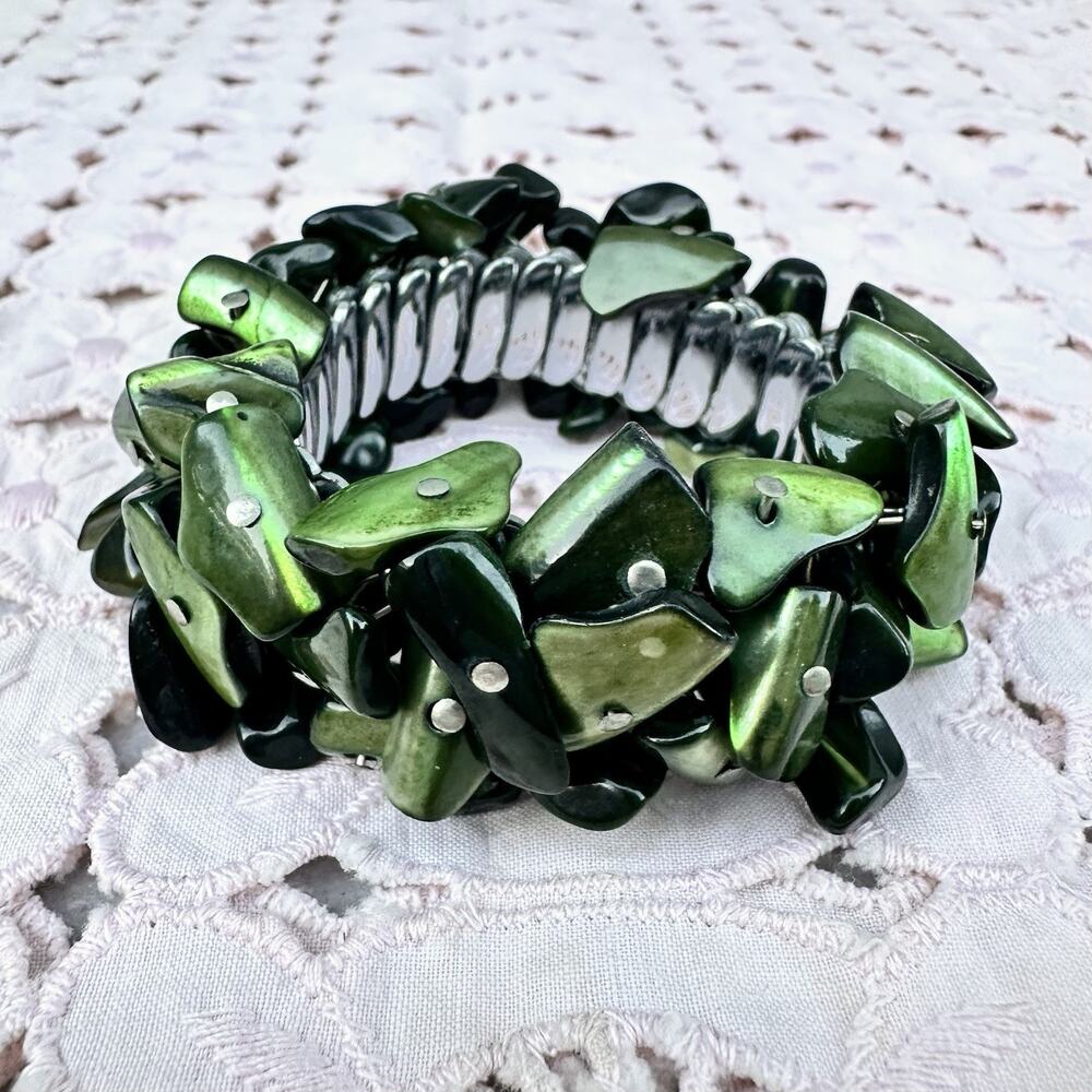 Vintage Expansion Bracelet Green MOP Shell Silver Tone Cha Cha Layering